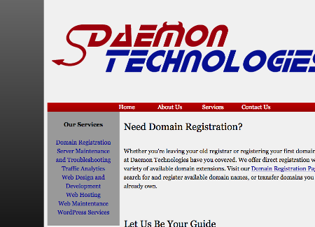 A screenshot of a website with a light grey background and dark grey gradient border on the left hand side. The site heading says Daemon Technologies in stylized script. There is a red banner beneath the heading.