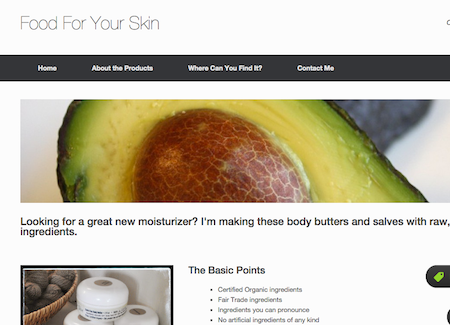 A screenshot of a website with a white background. The site heading says Food For Your Skin. There is a black menu beneath the heading and a banner image of an avocado below that.